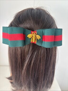Green and Red Stripe Bow Hair Clip with Gold Bee Accent